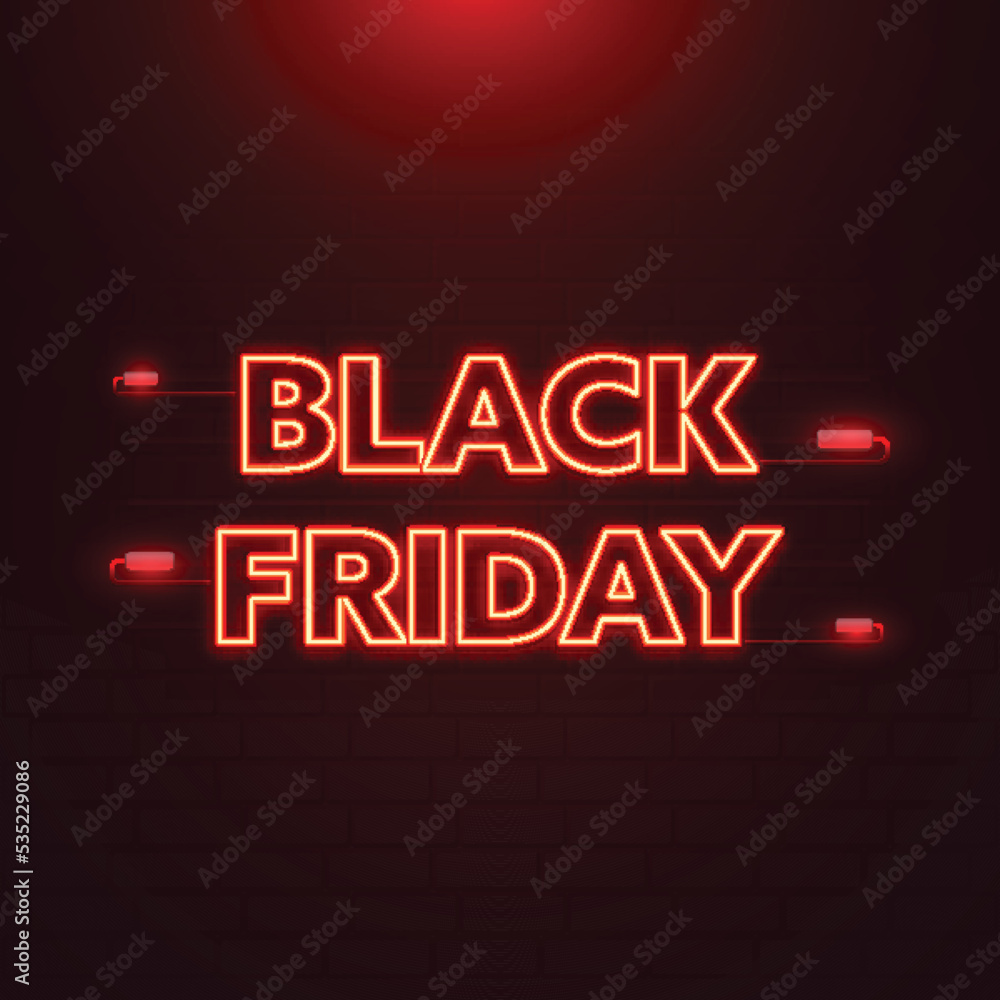 Neon Black Friday Font Against Dark Red Brick Wall Background.