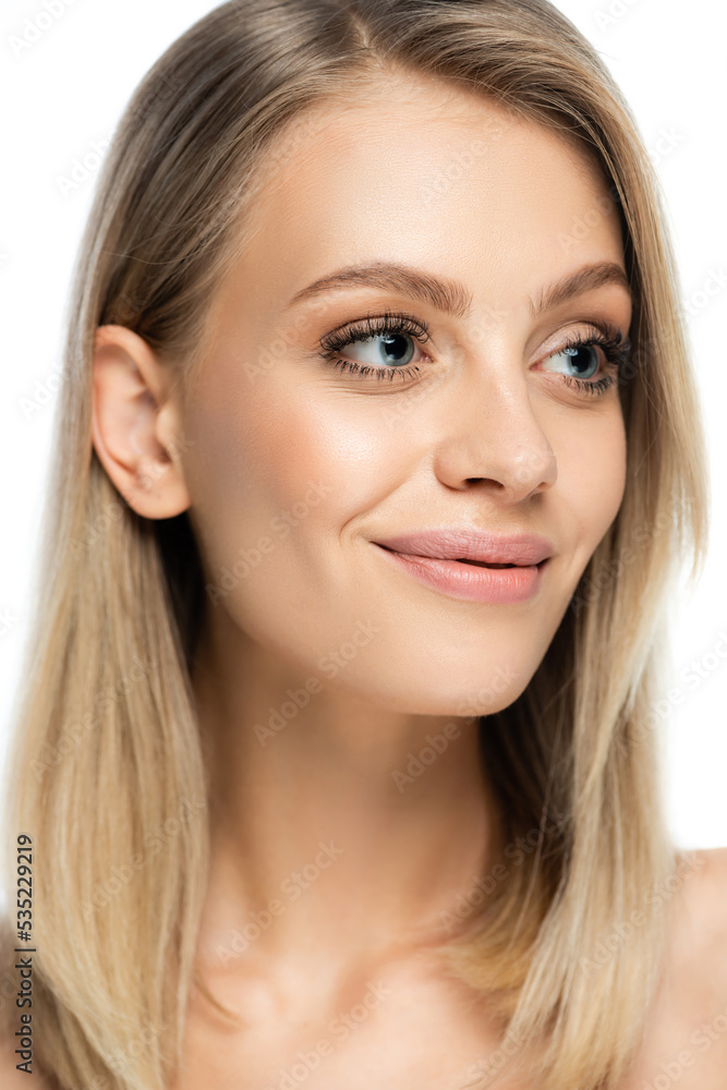 portrait of pleased young woman with natural makeup smiling isolated on white. portrait of pleased young woman with natural makeup smiling isolated on white.
