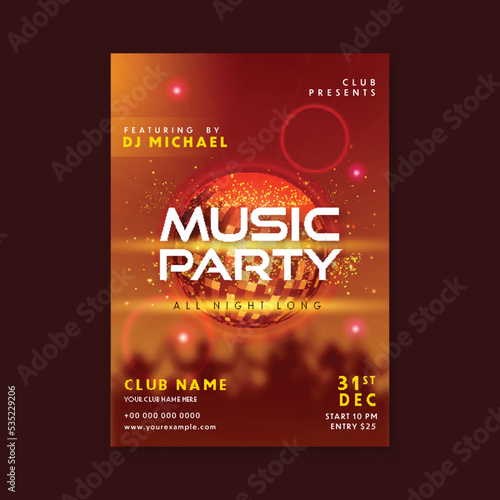 Music Party Flyer Or Invitation Card With Disco Ball  Lights Effect And Event Details For Publishing.