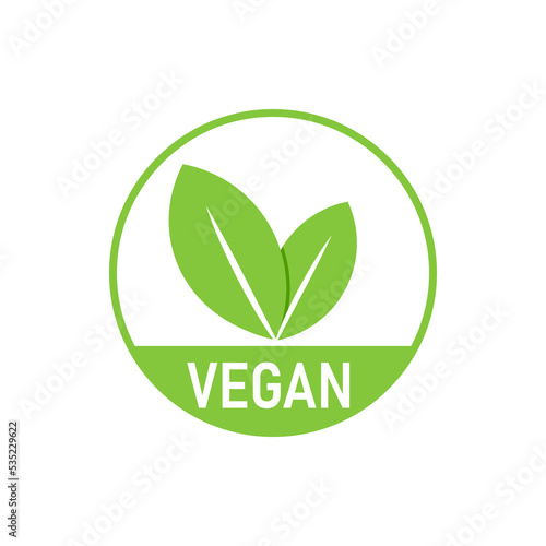 Green symbol vegan icon. Leaflet organic sign as natural and fresh food for vegetarians with clean and body safe vector nutrition