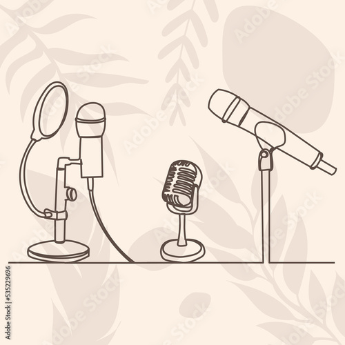 microphones drawing in one continuous line, isolated vector