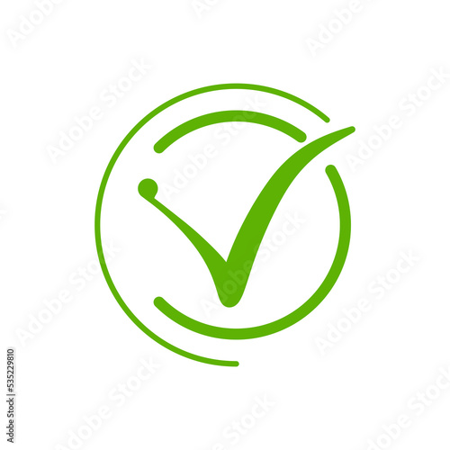 Check mark green. Approving action and choosing right solution downloading and installing web addons is vector completed