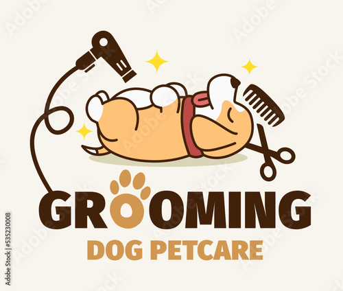 Dog or pet grooming and washing logo design template. Pet Care salon sign. Vector illustration.