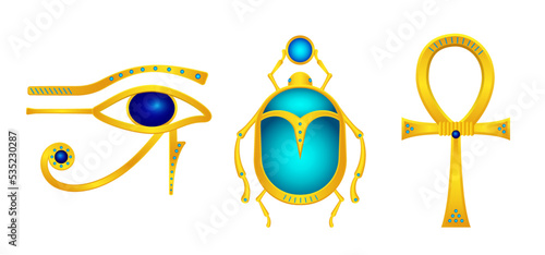 Egyptian antique gold symbols talismans. Ancient eye of horus with blue gems and mythical scarab with disc mystical cross vector ankh