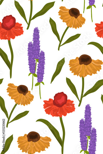 Floral seamless pattern of Helenium autumnale flowers with Agastache flowers in cartoon style.