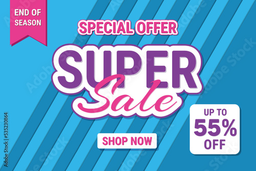 Super sale banner design for discount promotion, Up to 55% percentage off Sale. Discount offer price sign. Special offer symbol. Vector illustration of a discount tag badge
