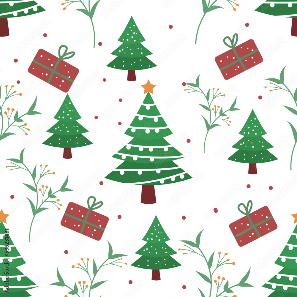 Christmas tree or Happy New Year noel. gift, leaves seamless pattern vector background. Christmas seamless pattern background Christmas tree or Happy New Year noel. gift, leaves seamless pattern vector background. Christmas seamless pattern background