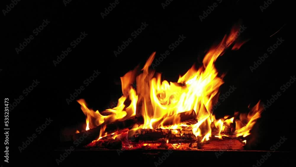 Flames of fire on a black background. Bonfire in the camp. Flames of fire on a black background. Bonfire in the camp.