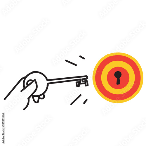 hand drawn doodle hand holding key towards dartboard keyhole illustration