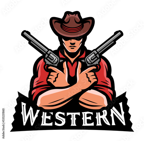 Man in cowboy hat and two revolvers. Western emblem. Shooter with pistols, guns logo. Cartoon vector illustration
