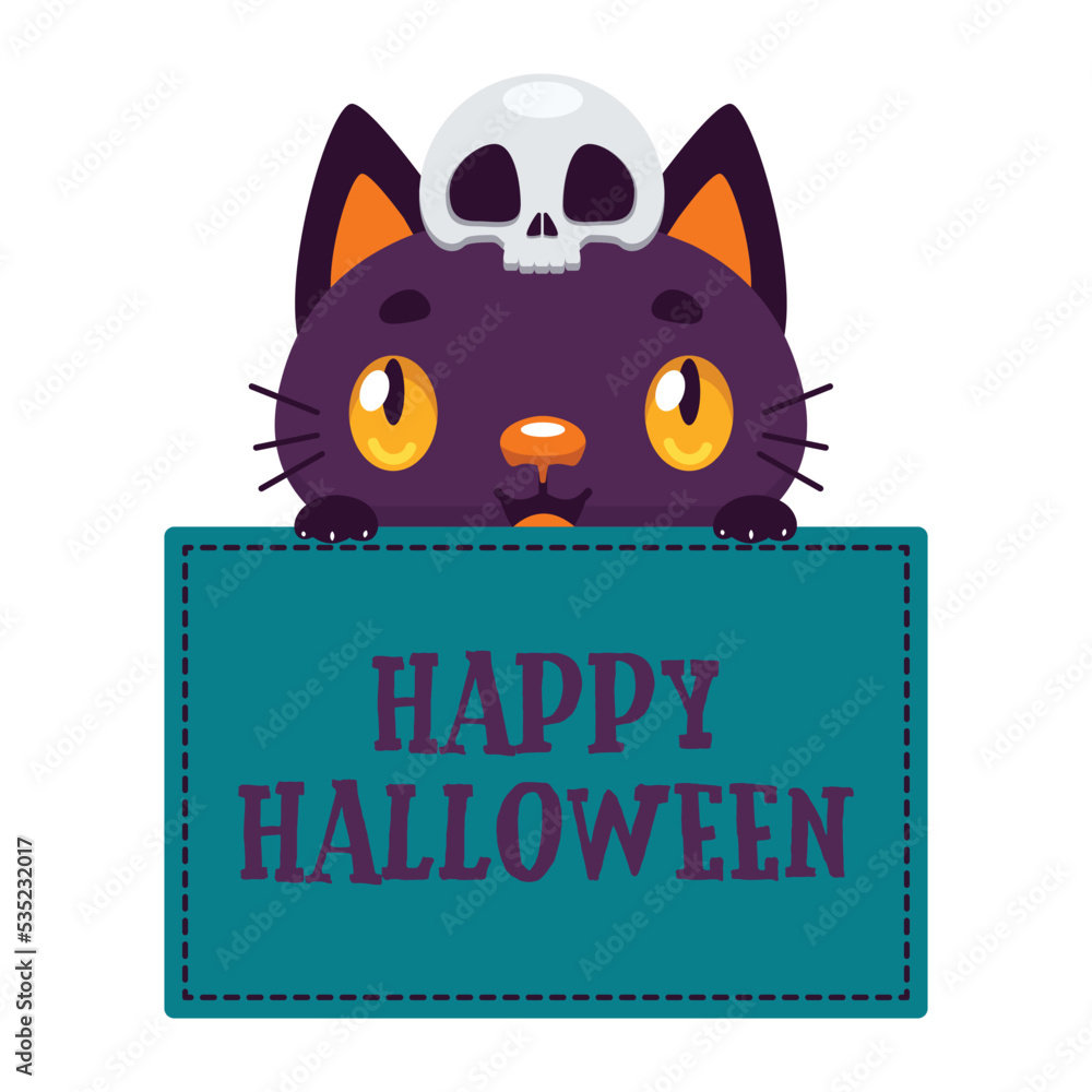 Happy Halloween sign with a cute black cat with skull on head Happy Halloween sign with a cute black cat with skull on head