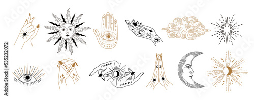 Set of linear vector illustrations. Hand drawn celestial illustrations depicting the sun, moon, planet, clouds. design elements for decoration in a modern style. Magic drawings. mystical elements.