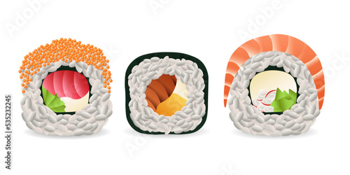 Colored realistic sushi set. Sashimi seafood and rice rolls with traditional recipe and delicious natural vector ingredients