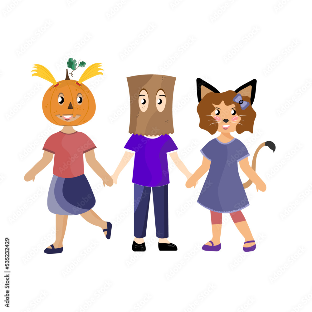Children hold hands, сhildren, Halloween, pumpkin head, carnival.