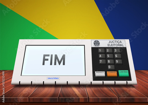 The electronic ballot box with numeric keypad on wooden surface. Buttons with braille font.