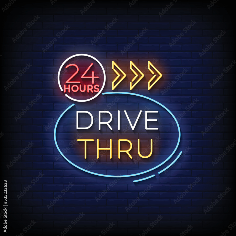 Neon Sign drive thru with Brick Wall Background vector