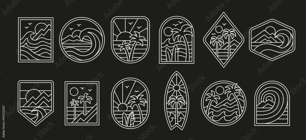 Vector surf theme line art badge designs. For t-shirt prints, posters, stickers and other uses. Vector surf theme line art badge designs. For t-shirt prints, posters, stickers and other uses.