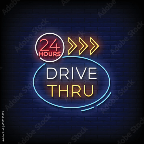 Neon Sign drive thru with Brick Wall Background vector