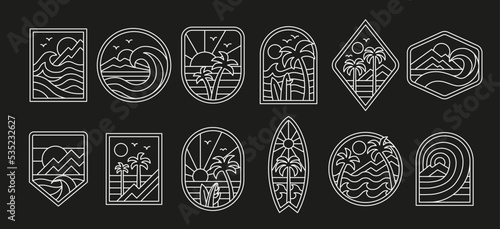 Vector surf theme line art badge designs. For t-shirt prints, posters, stickers and other uses.