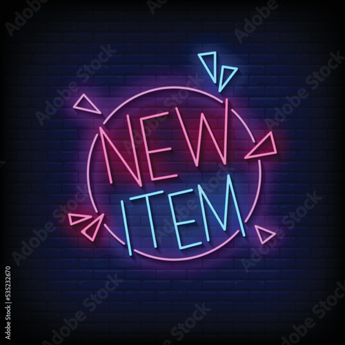 Neon Sign new item with Brick Wall Background vector