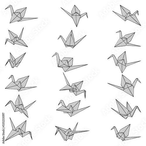 Set of origami crane vector silhouette illustration icon isolated on white background. Japanese traditional origami crane for infographic, website or app. Geometric line shape for art of folded paper.