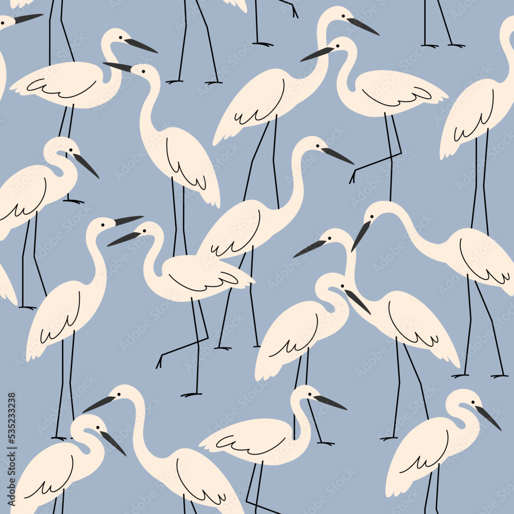 Obraz premium Seamless trendy pattern with stork. Cartoon vector illustration for prints, clothing, packaging and postcards.