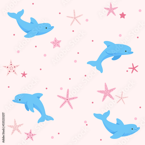 Trendy pattern with dolphin and starfish. Vector illustration for prints, clothing, packaging and postcards. 