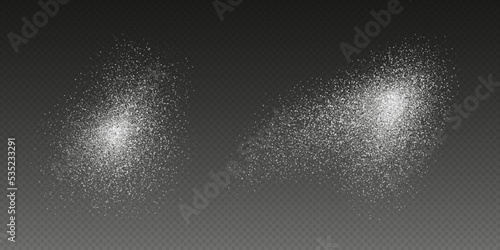 Sugar powder splash, flying salt, baking flour top view. White powder isolated on a transparent background. Vector illustration.