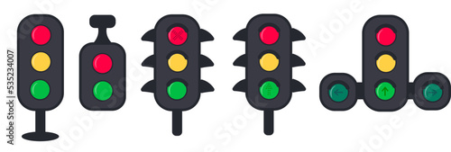 Set of traffic light vector icons. Signal for the movement of cars on the road. City driving regulation. Red, yellow and green light. Vector illustration.	