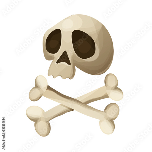 Skull, head with bones in cartoon style isolated on white background. Halloween or Dead day scary decoration, clip art