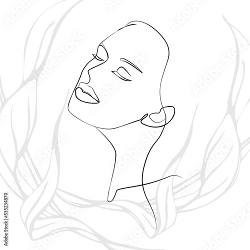 One continuous line hand drawn vector art with beautiful woman face in elegant curve. Black isolated on white background. Modern simplistic design for fashion, wall art, print, tattoo, cover, card.