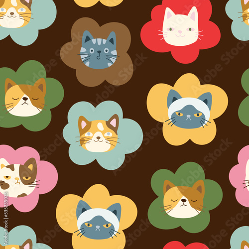 Cute colorful cats heads  kitten faces  vector seamless pattern. Funny kitty pet animal cartoon characters with emotions  texture for fabric  wallpaper  wrapping paper  textile  bedding  t-shirt print