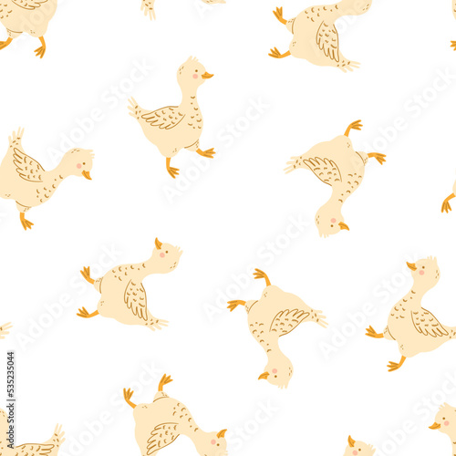 Cute goose or duck vector seamless pattern. Cartoon domestic bird  farm poultry  fowl  waterfowl. Vector children texture for textile  print  fabric. Farming  agriculture  country life