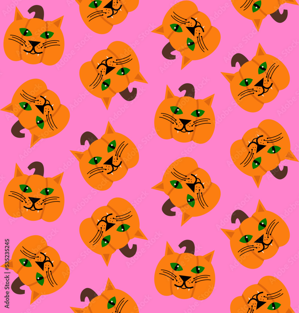 Fototapeta premium Abstract Hand Drawing Cute Cat Face Pumpkins Halloween Concept Seamless Vector Pattern Isolated Background