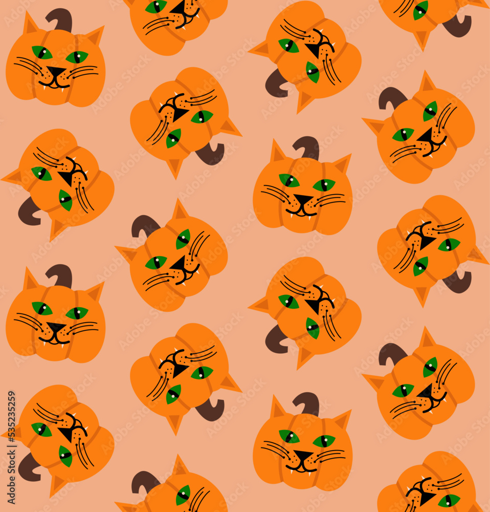 Fototapeta premium Abstract Hand Drawing Cute Cat Face Pumpkins Halloween Concept Seamless Vector Pattern Isolated Background