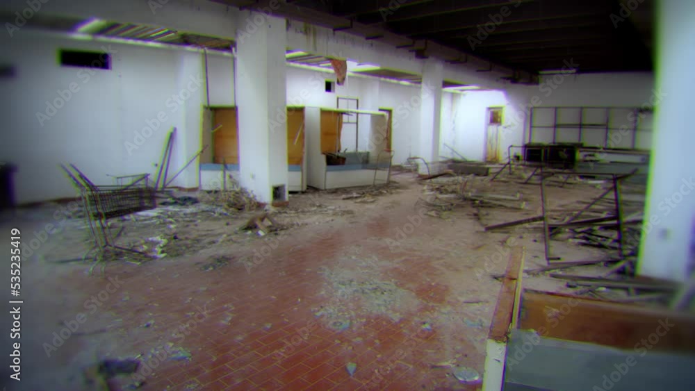 Concept of economic crisis and war. Abandoned building interior, smooth move camera. Effect of film glitch and signal failure Concept of economic crisis and war. Abandoned building interior, smooth move camera. Effect of film glitch and signal failure