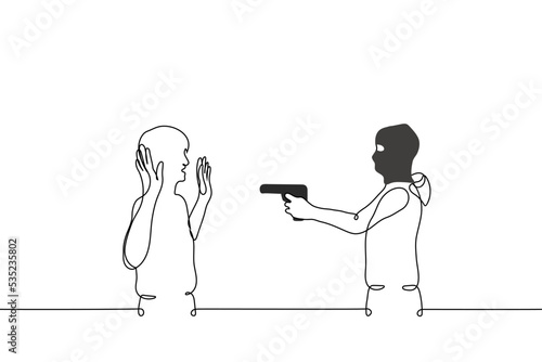 man in balaclava pointing a gun at another - one line drawing vector. concept attack, robbery