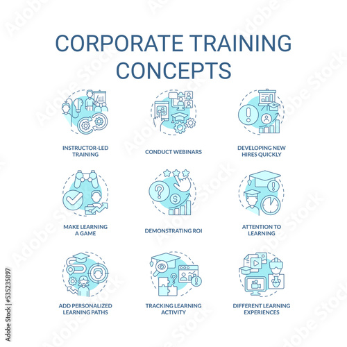 Corporate training turquoise concept icons set. Development in workplace idea thin line color illustrations. Webinars. Isolated symbols. Editable stroke. Roboto-Medium, Myriad Pro-Bold fonts used