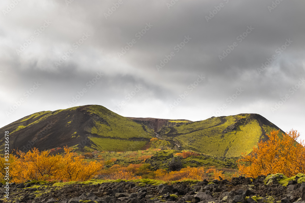 Grábrók Crater Landscape in Autumn/Fall with Lava Field and Autumnal Colored Trees in West Iceland