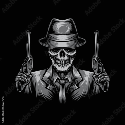 skull gangster holding gun vector illustration