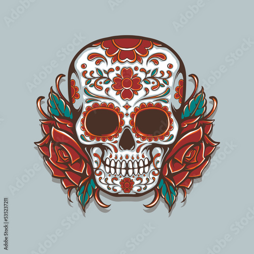 sugar skull tattoo style with roses illustration