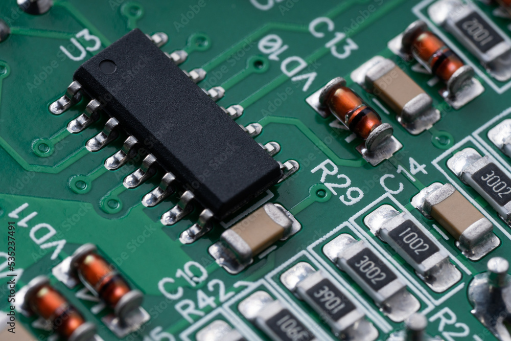 Electronic circuit board with electronic components such as chips close up