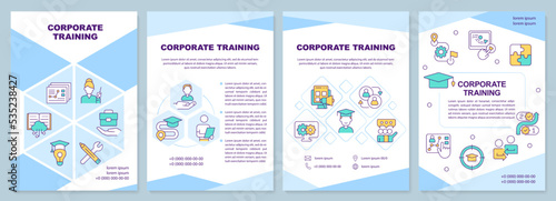 Corporate training blue brochure template. E learning. Leaflet design with linear icons. Editable 4 vector layouts for presentation, annual reports. Arial-Black, Myriad Pro-Regular fonts used