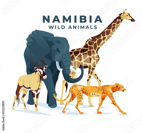 Wild African animals on a white background: elephant, giraffe, cheetah, oryx antelope.