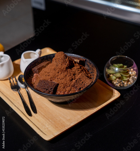 Bingsu Coaca and Brownie Serve with sweetened condensed milk and chocolate photo