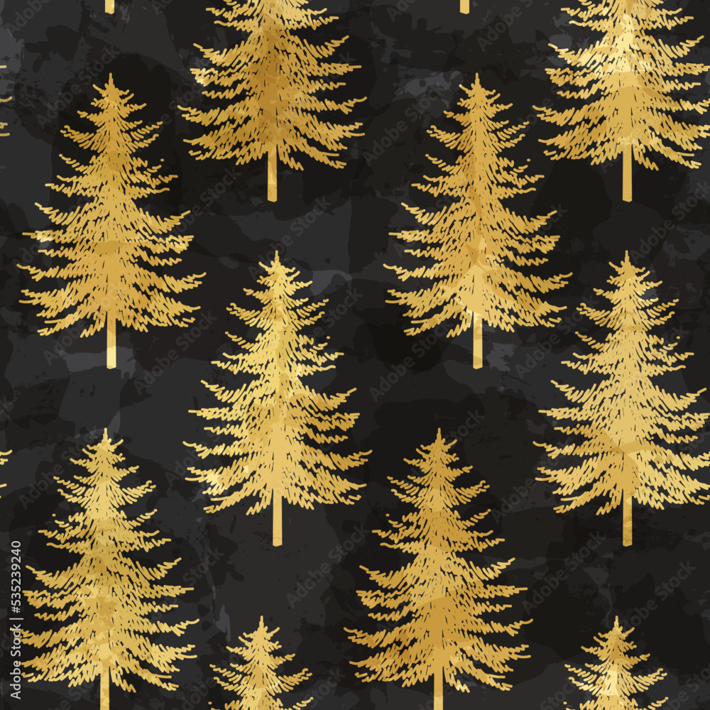 Obraz premium Christmas tree seamless pattern. Noel gold on black print, New year winter decoration, golden christmas background with firs and snowflakes, wallpaper, wrapping paper design