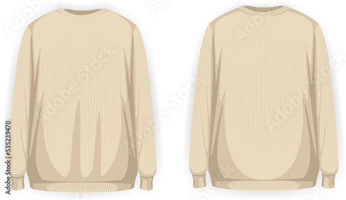 Knit cardigan beige front and back view, vector mockup illustration