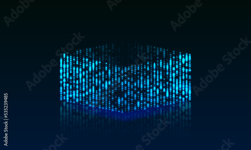 3D big data cube made of glowing particles. Isometric bright box with reflection. Machine learning. Technology, digital database, network and blockchain connection. Vector illustration.