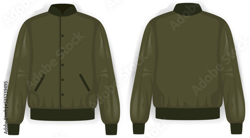 Green bomber jacket army front and back view, vector mockup illustration