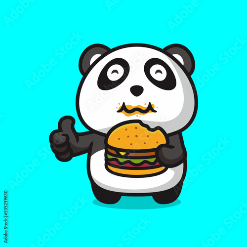 Cute fat panda eating burger, flat design style